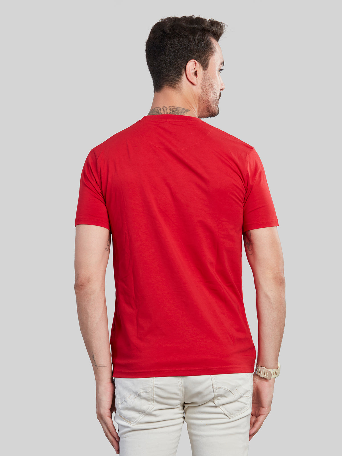 Red with White Printed Round Neck T-Shirt