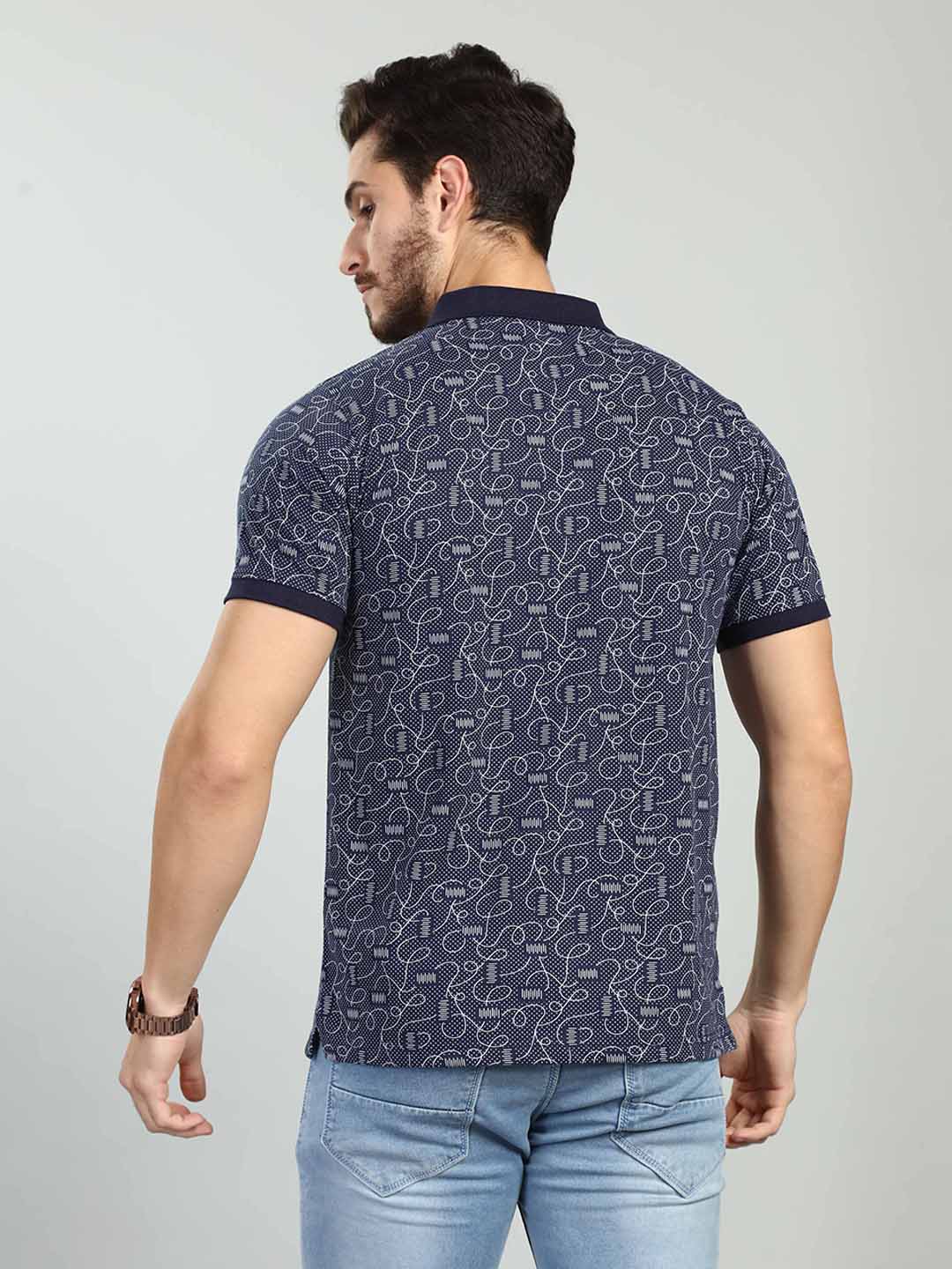 Navy Printed Polo Neck T-Shirt