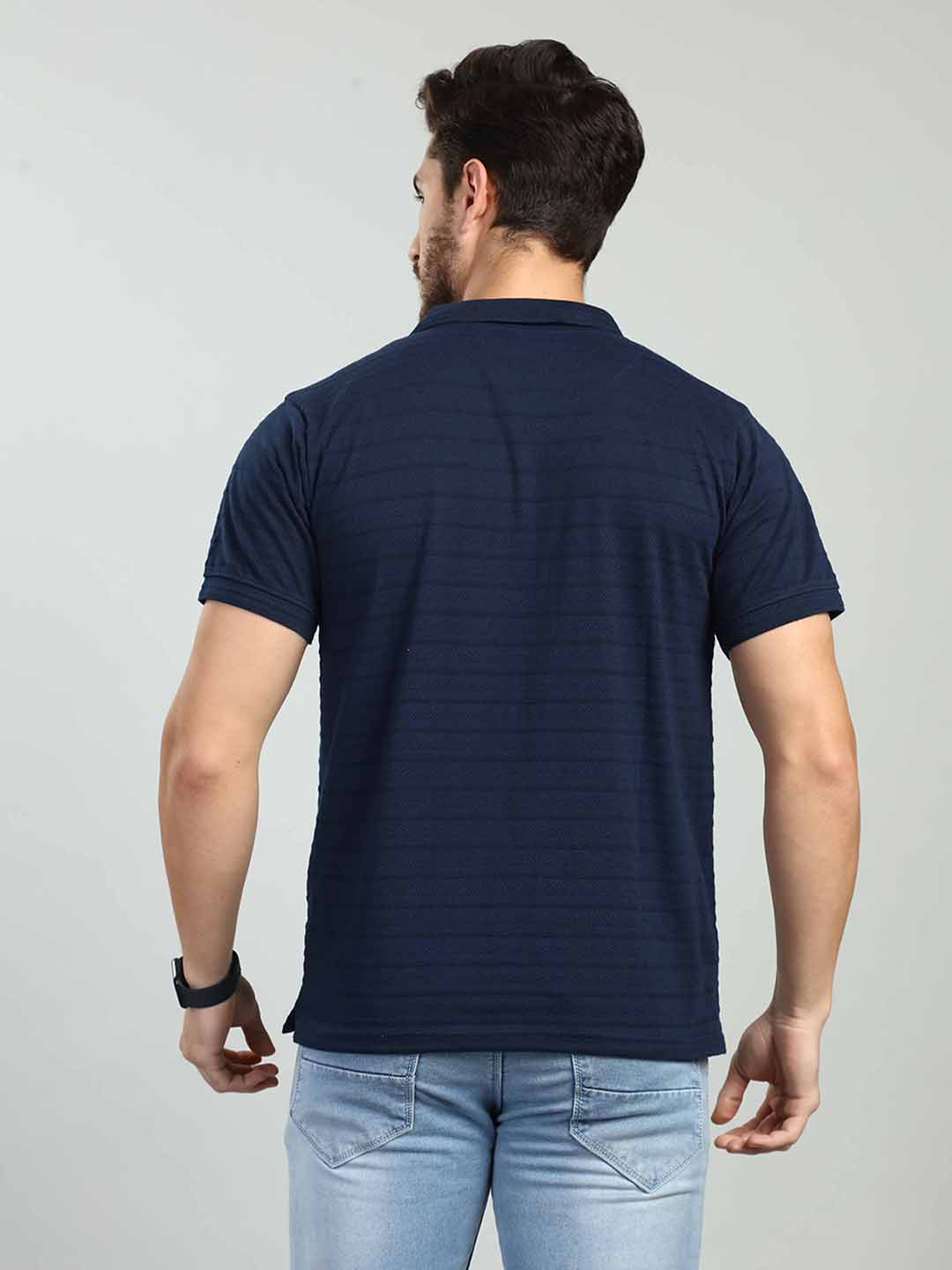 Navy Striped Polo Neck T-Shirt