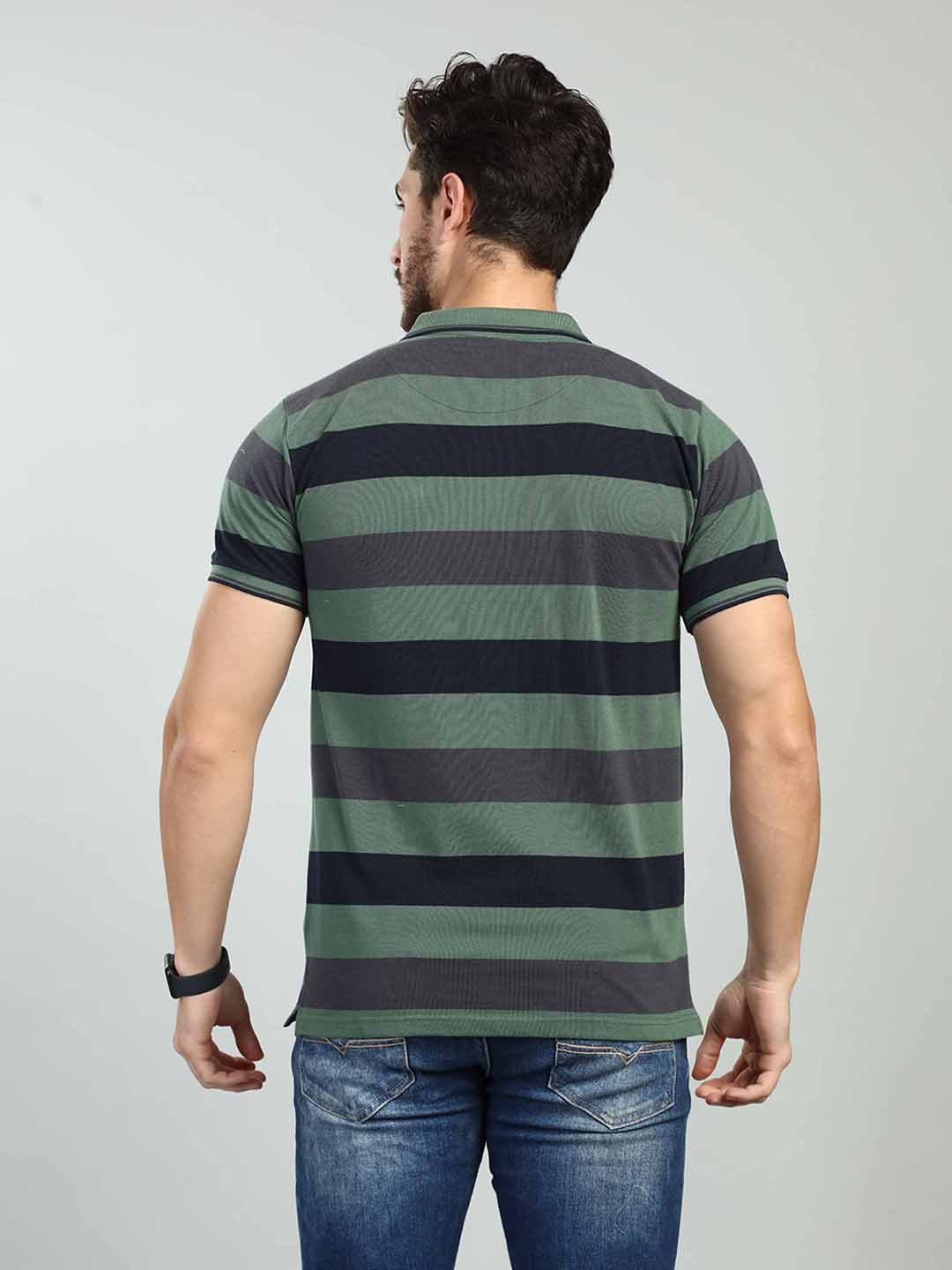 Green Striped Polo Neck T-Shirt