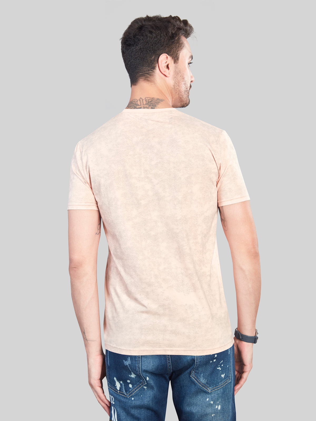 Peach All Over Printed Round Neck T-Shirt