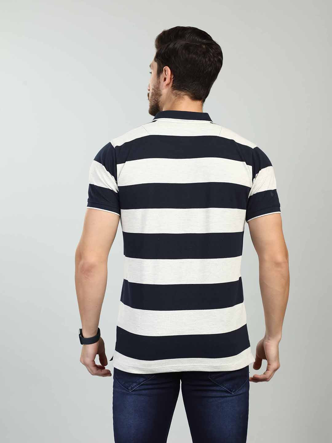 Navy Striped Polo Neck T-Shirt
