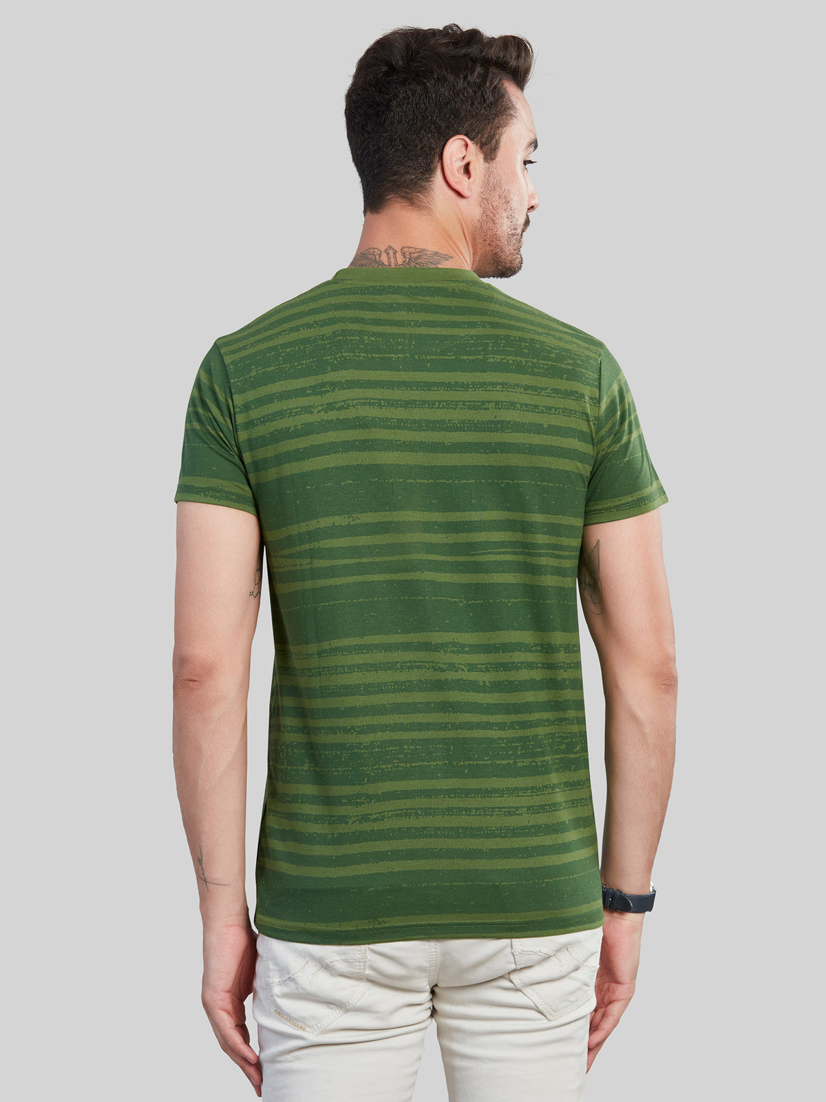 Green Printed Striped Round Neck T-Shirt