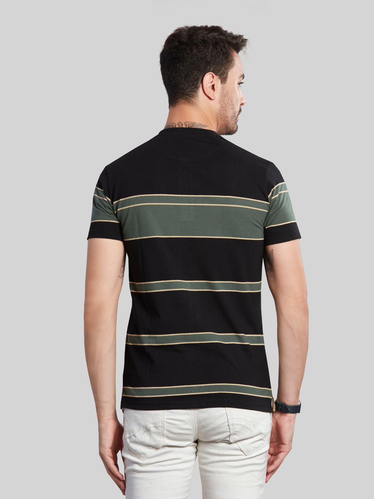 Black with Green Striped Henly Neck T-Shirt