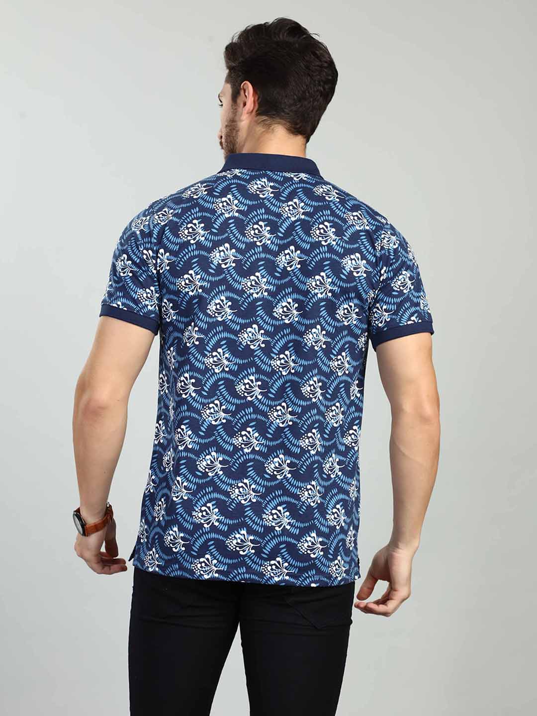Navy Printed Polo Neck T-Shirt