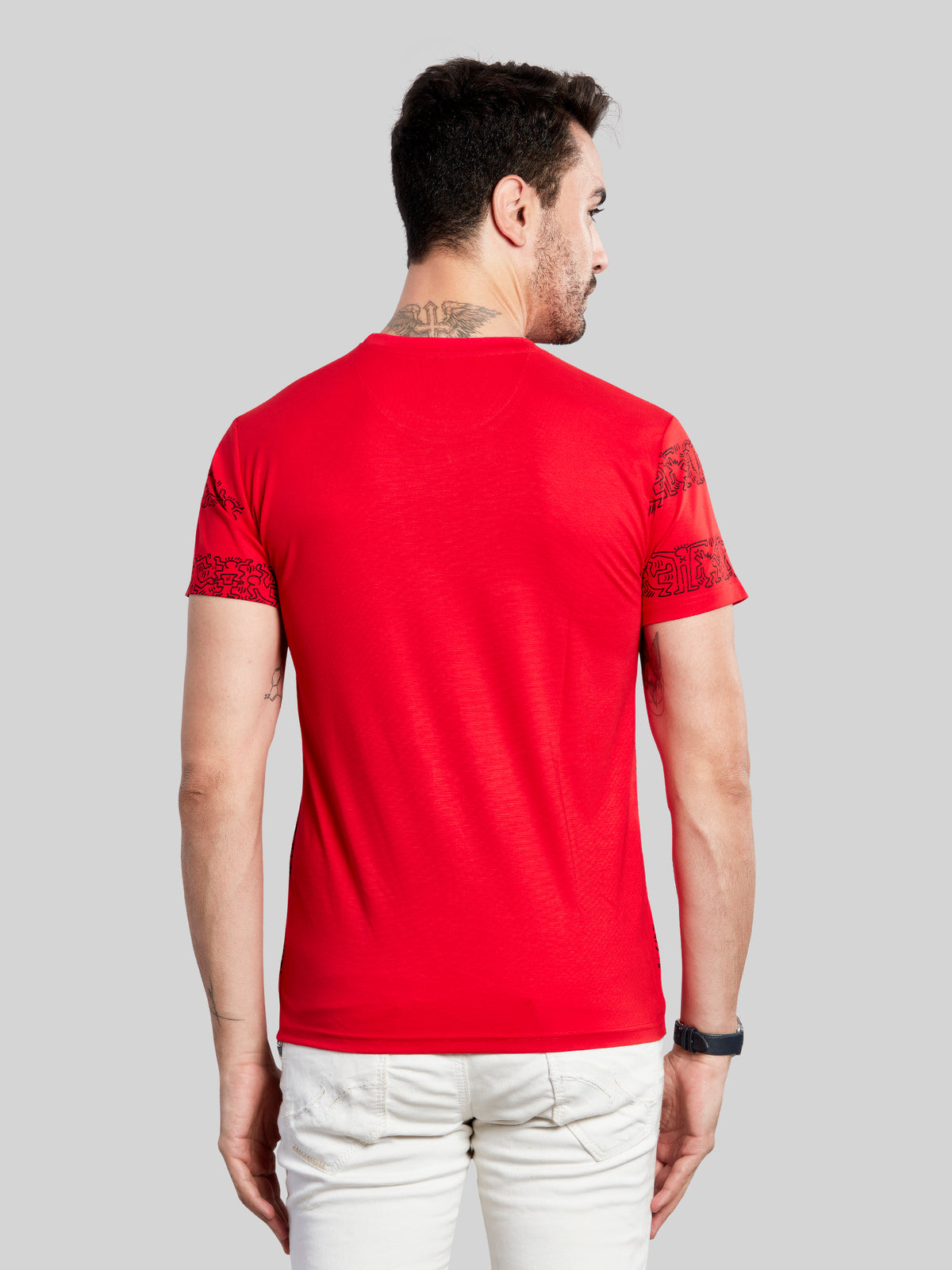 Red with Black Printed Round Neck T-Shirt
