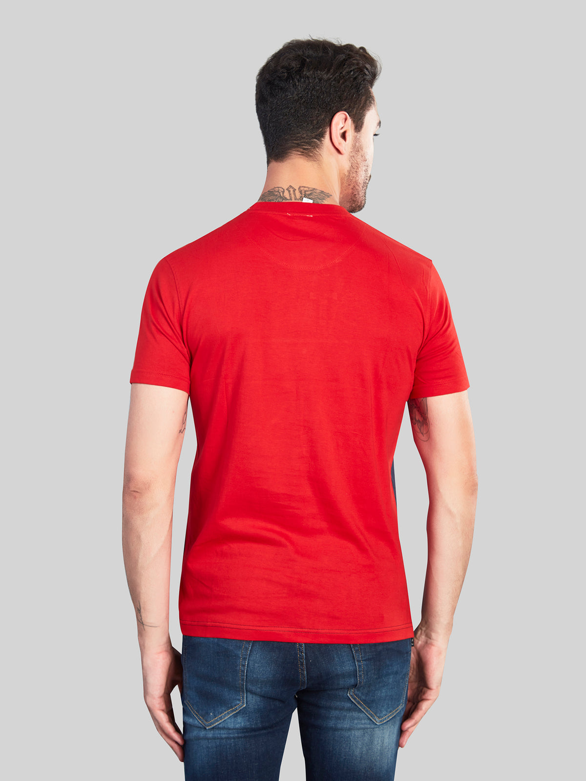 Red with Blue Printed Round Neck T-Shirt