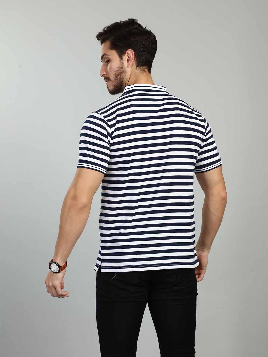 Navy Strpied Polo Neck T-Shirt