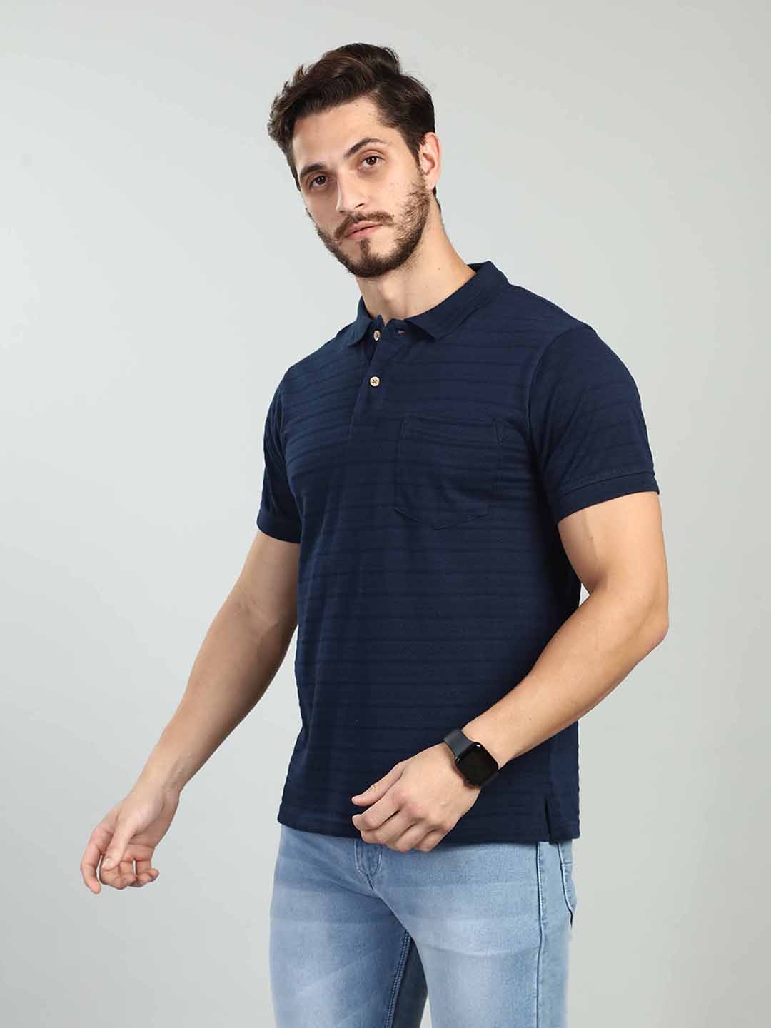 Navy Striped Polo Neck T-Shirt
