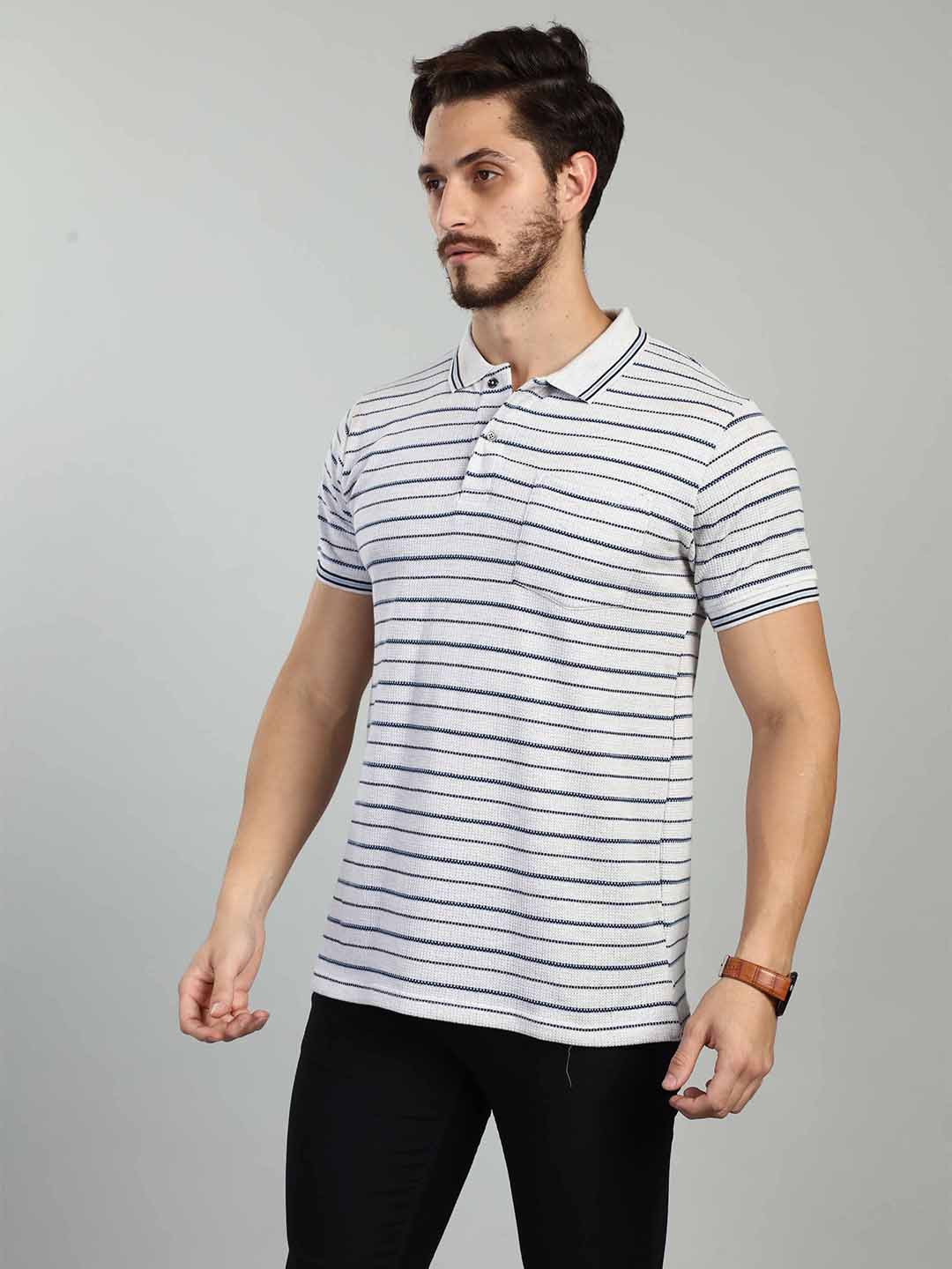 Grey Striped Polo Neck T-Shirt