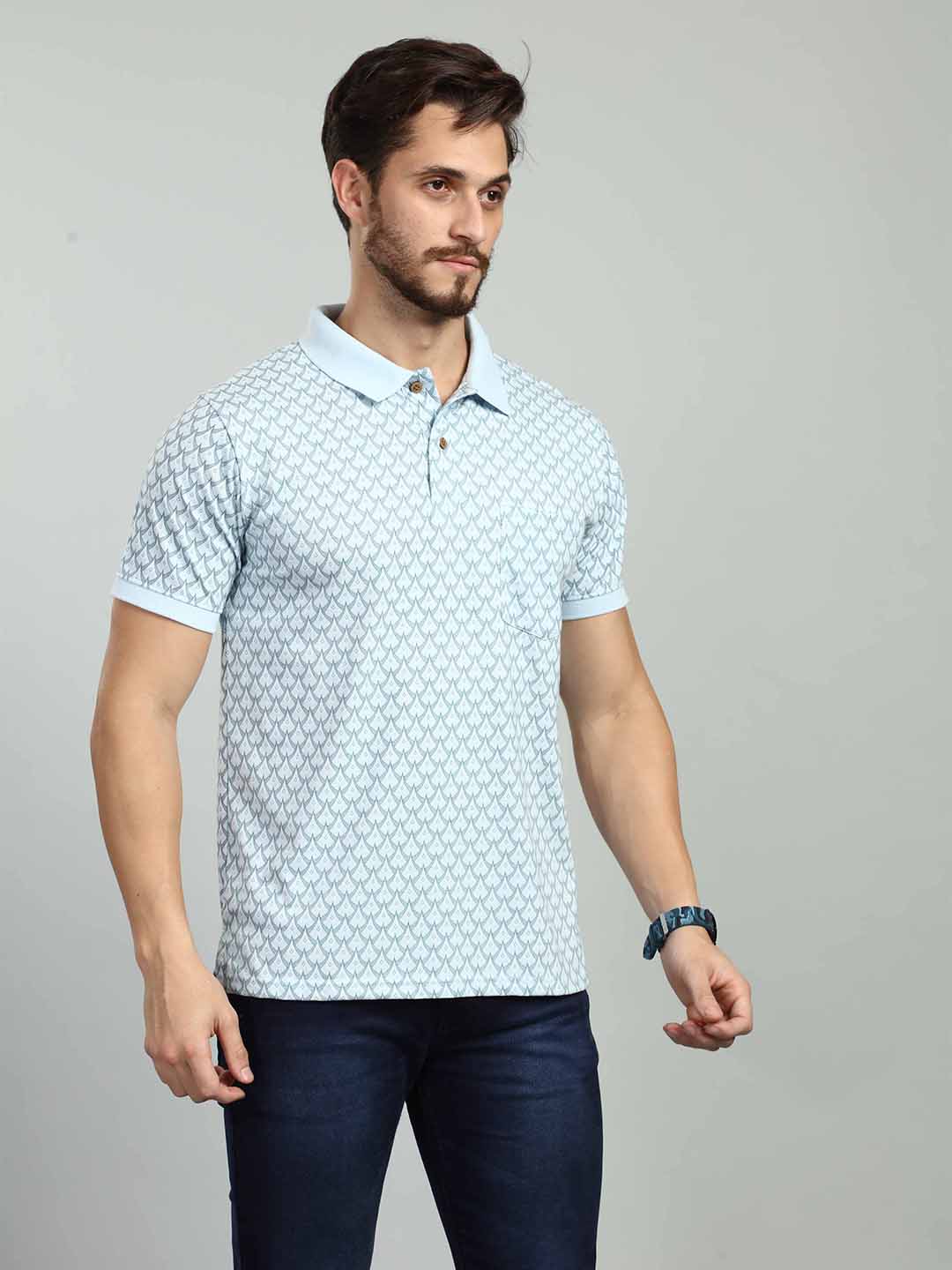 Sky Blue Printed Polo Neck T-Shirt