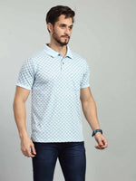 Sky Blue Printed Polo Neck T-Shirt