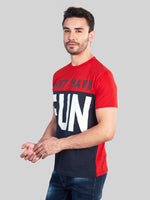Red with Blue Printed Round Neck T-Shirt