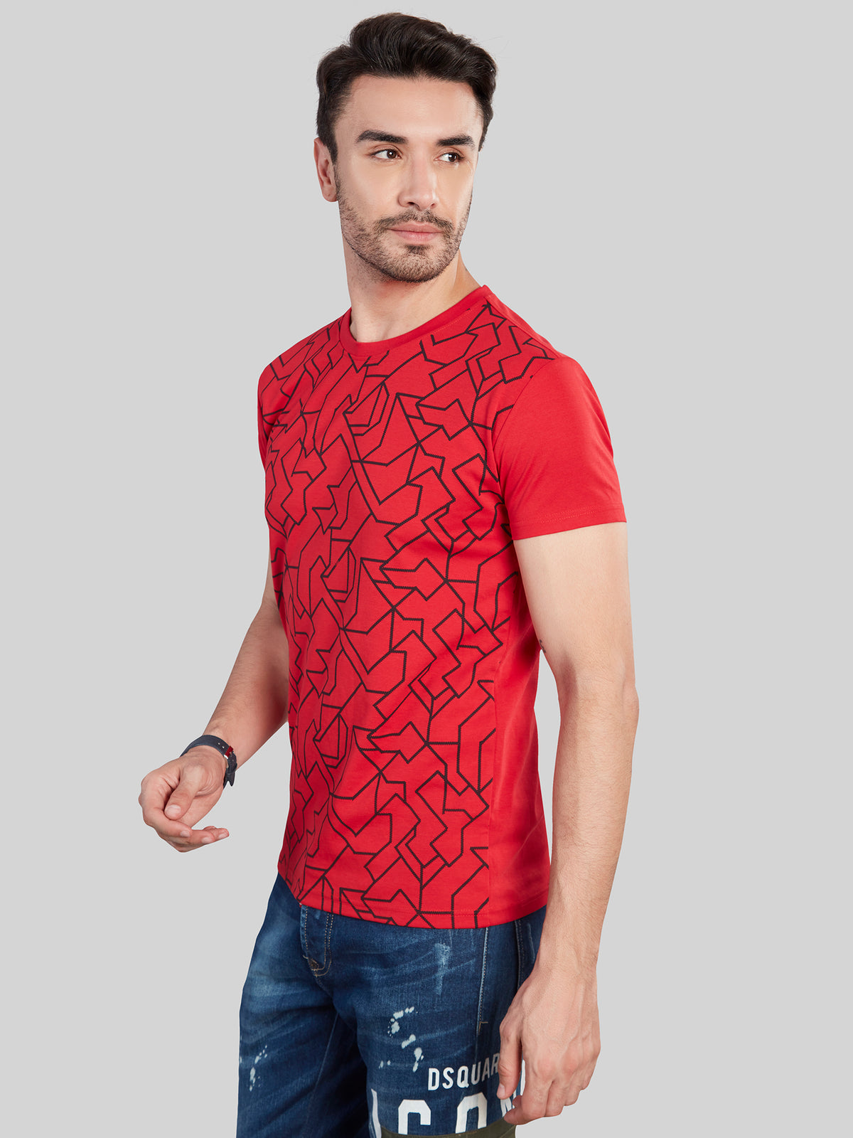 Red with Black Printed Round Neck T-Shirt