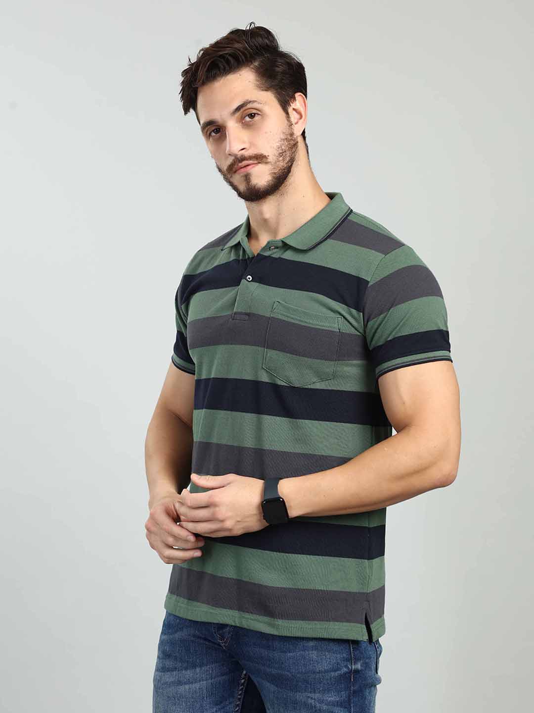 Green Striped Polo Neck T-Shirt
