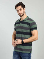 Green Striped Polo Neck T-Shirt