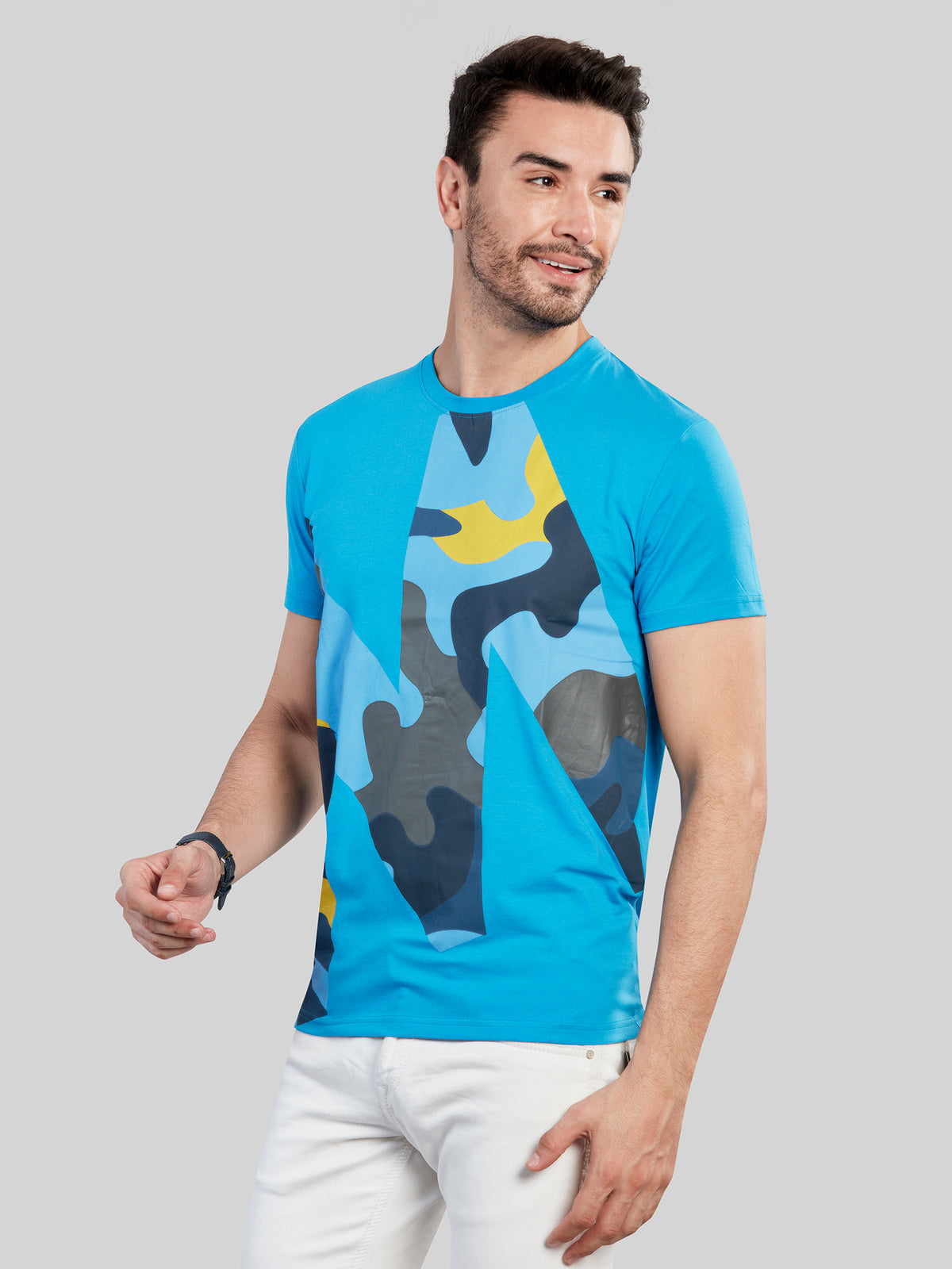 Sky Blue Printed Round Neck T-Shirt