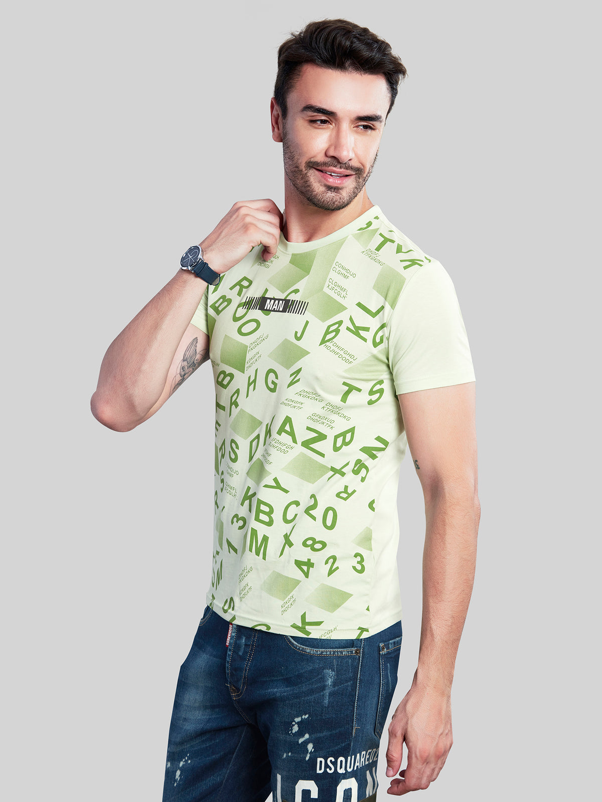 Sea Green Printed Round Neck T-Shirt