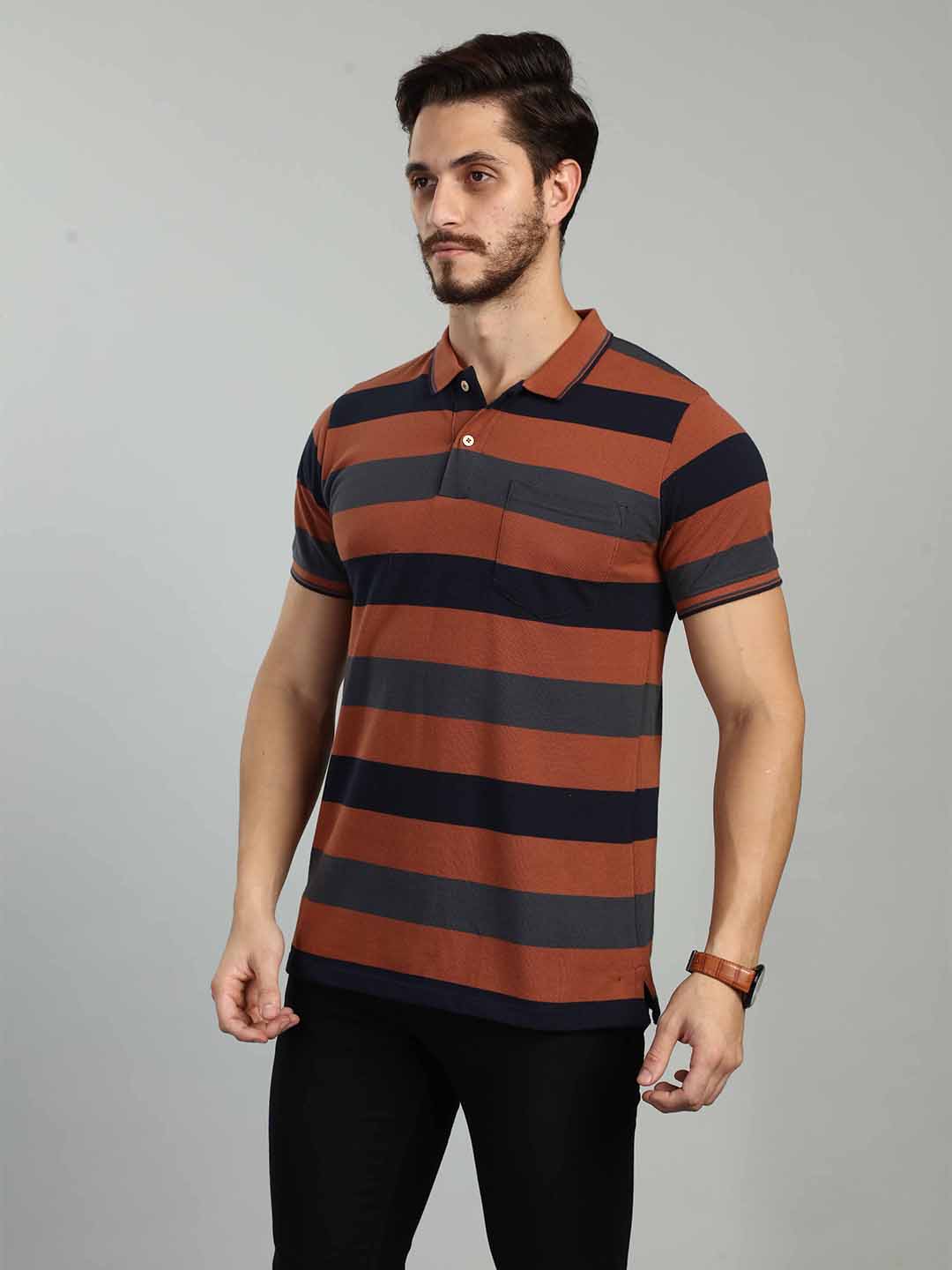 Rust Striped Polo Neck T-Shirt
