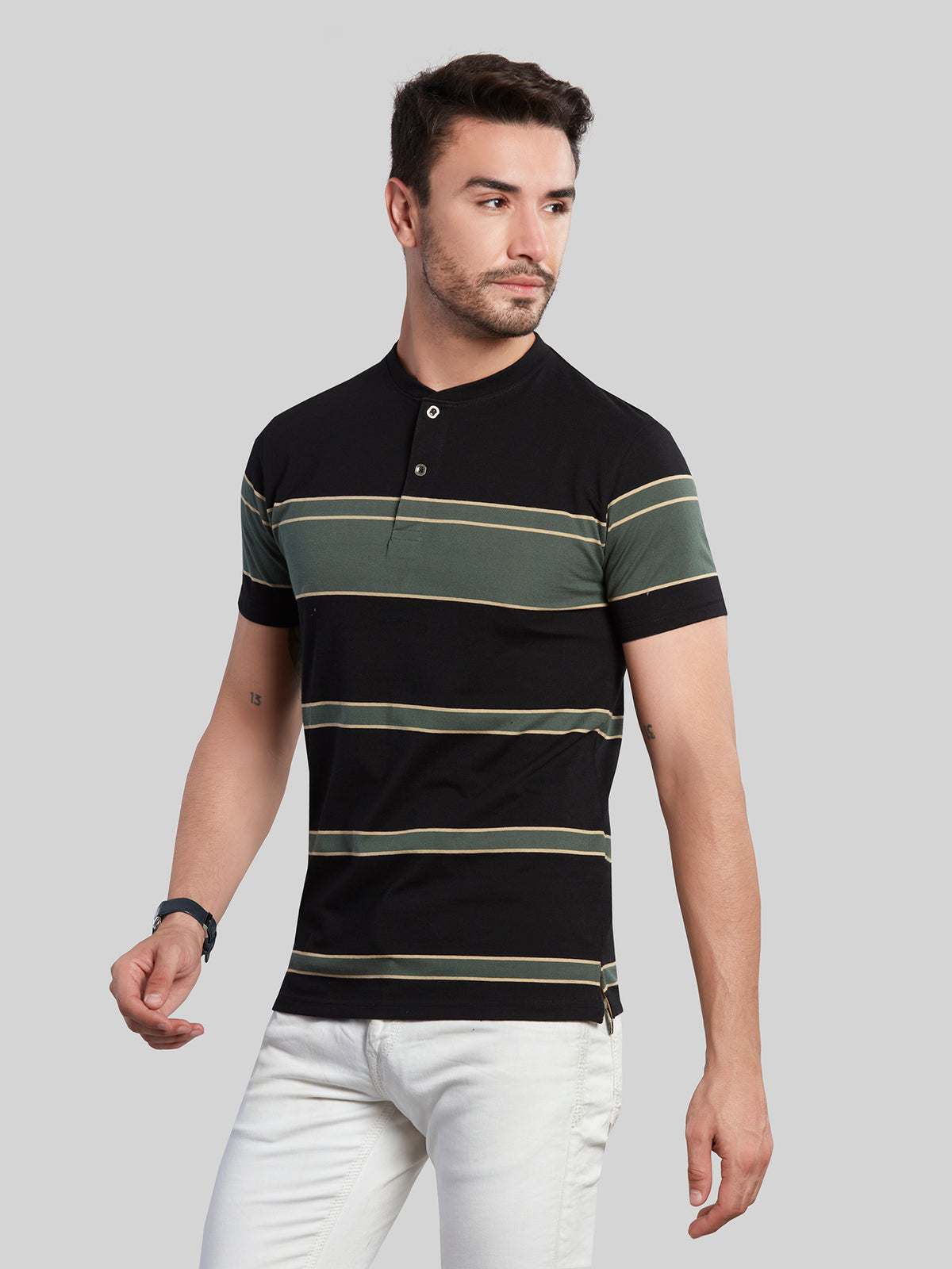 Black with Green Striped Henly Neck T-Shirt