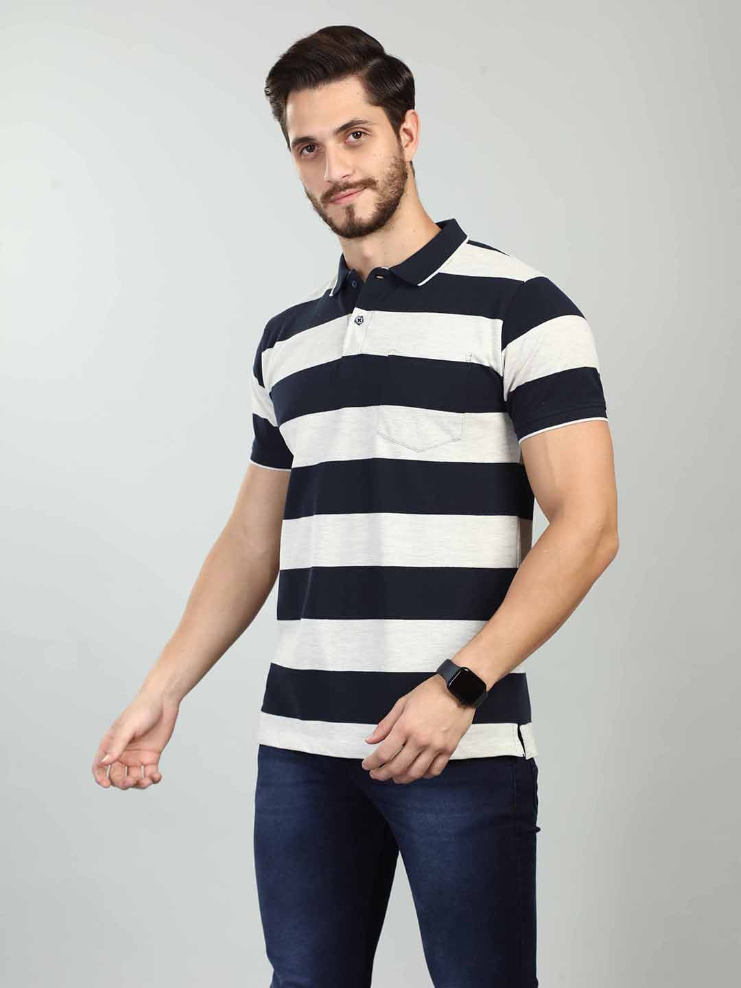 Navy Striped Polo Neck T-Shirt