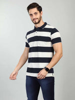 Navy Striped Polo Neck T-Shirt