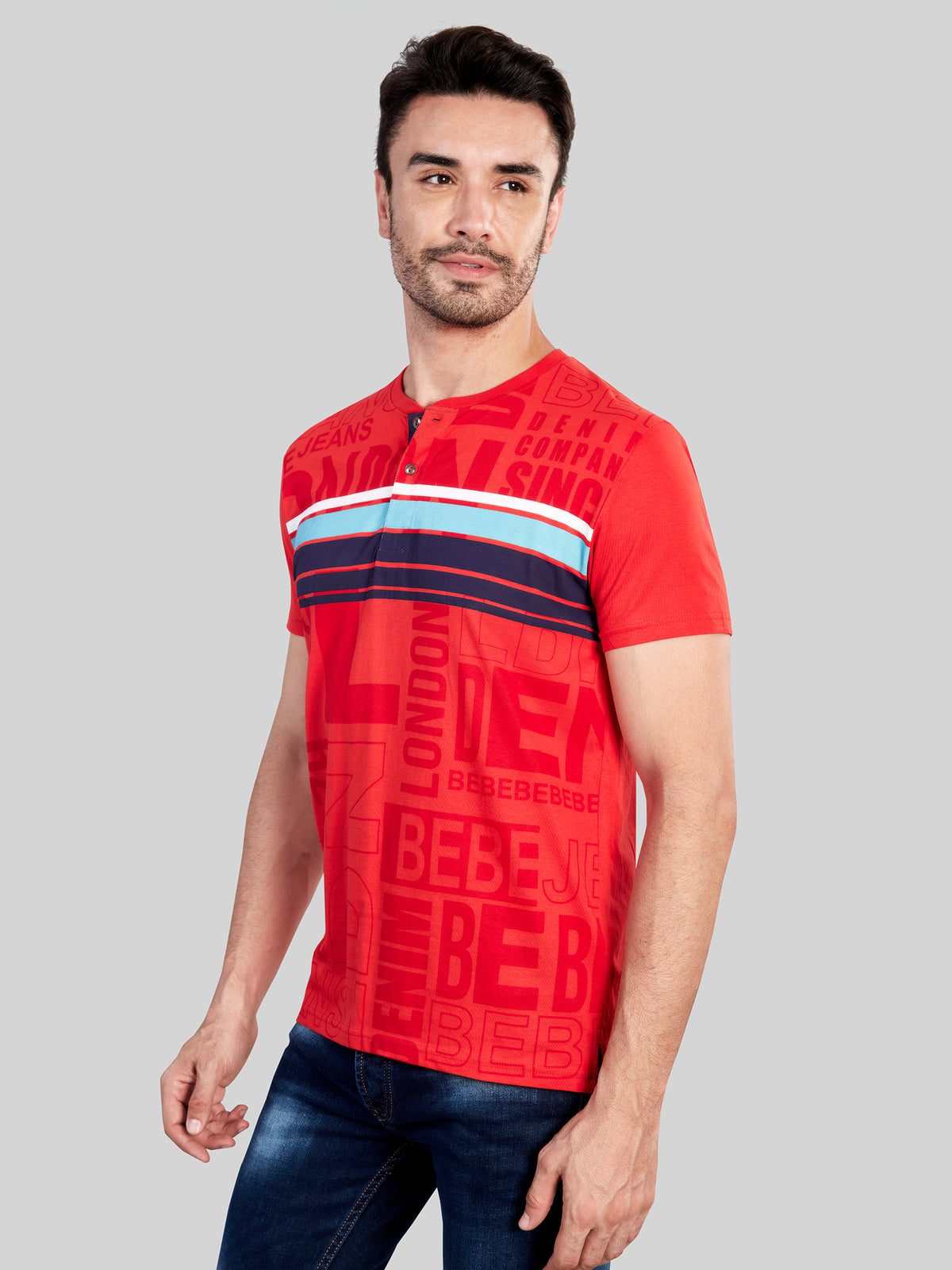 Red Printed Henly Neck T-Shirt