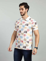 Beige Printed Polo Neck T-Shirt