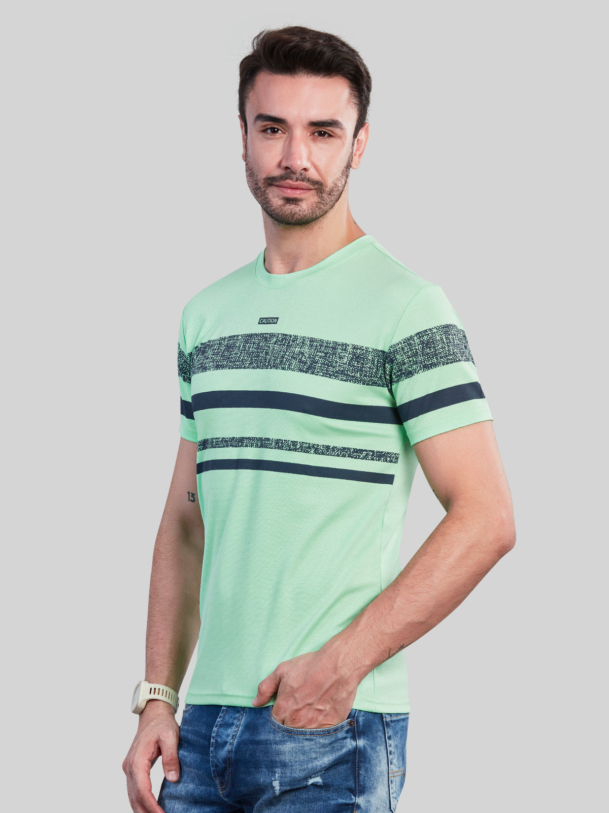 Green Striped Round Neck T-Shirt