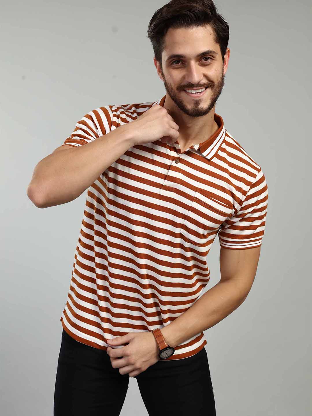 Rust Striped Polo Neck T-Shirt