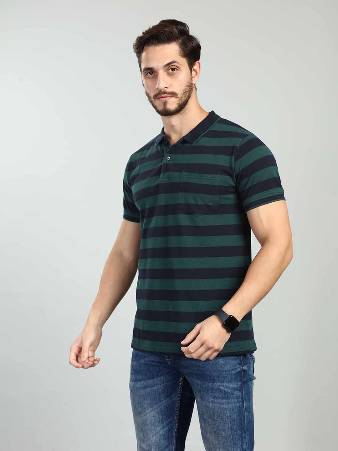Green Striped Polo Neck T-Shirt