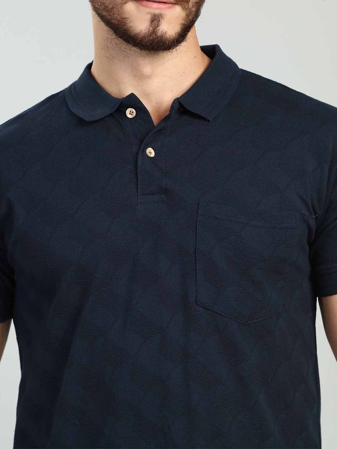 Dark Navy Striped Polo Neck T-Shirt