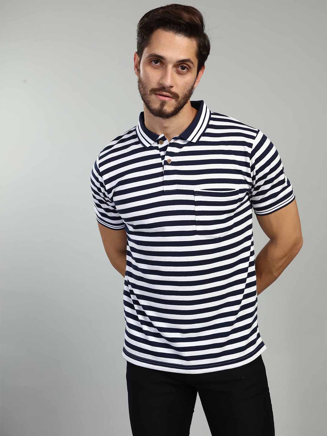 Navy Strpied Polo Neck T-Shirt