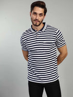 Navy Strpied Polo Neck T-Shirt
