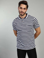 Navy Strpied Polo Neck T-Shirt