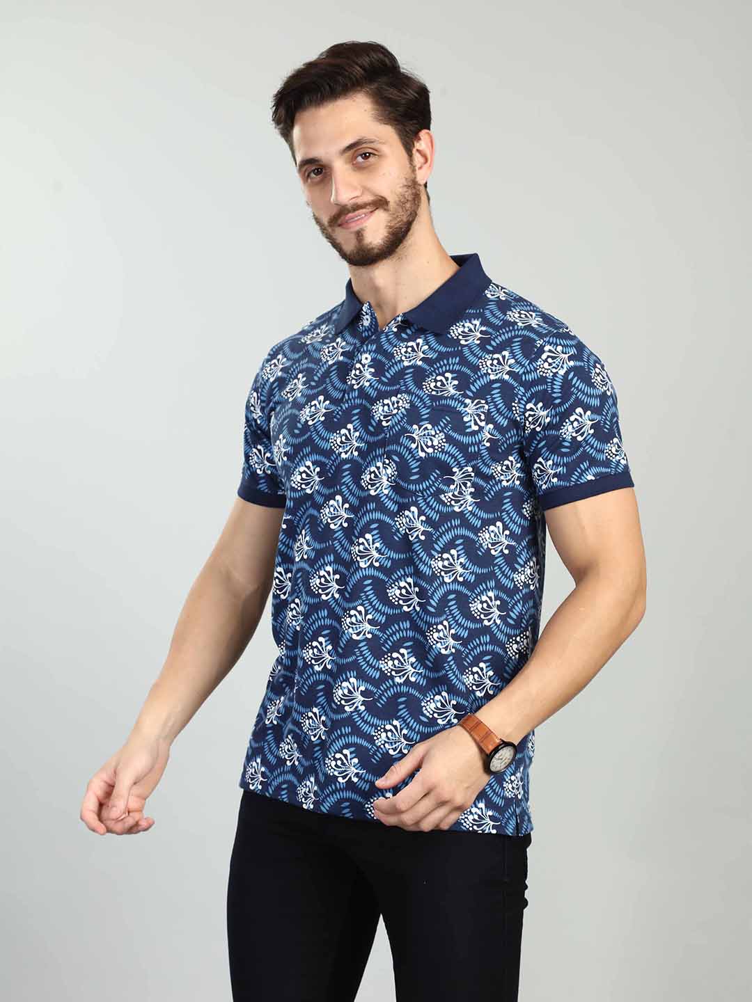 Navy Printed Polo Neck T-Shirt