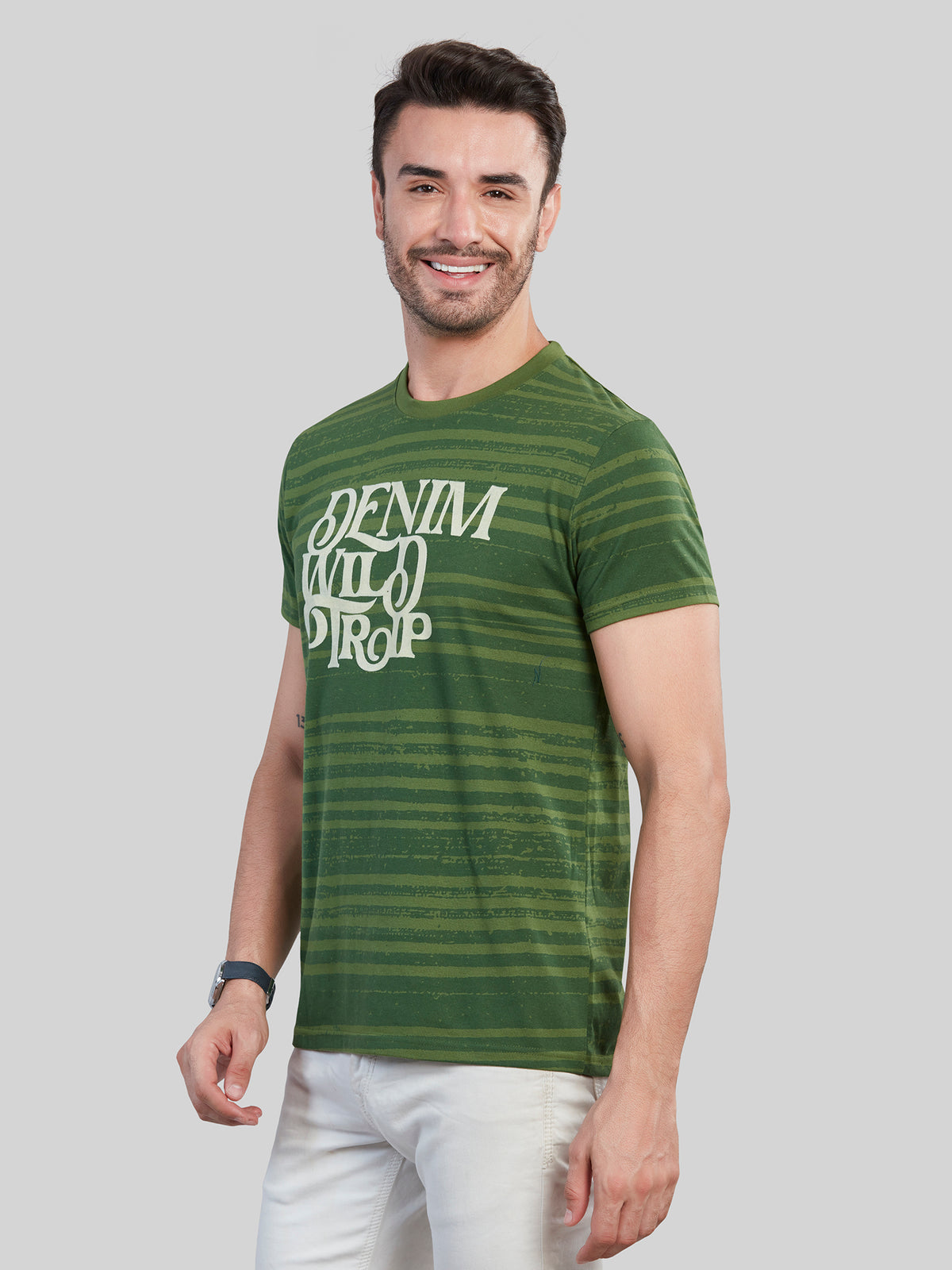 Green Printed Striped Round Neck T-Shirt
