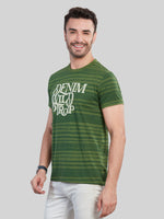 Green Printed Striped Round Neck T-Shirt