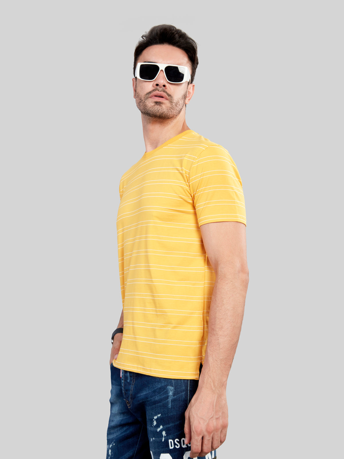 Yellow Striped Round Neck T-Shirt