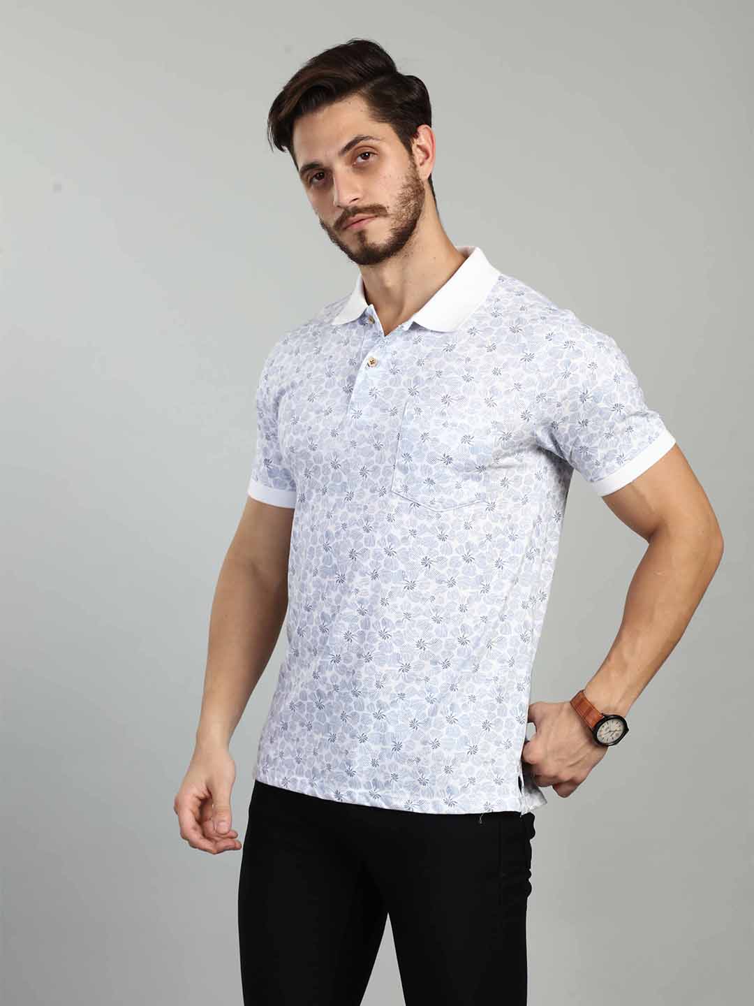 White Printed Polo Neck T-Shirt