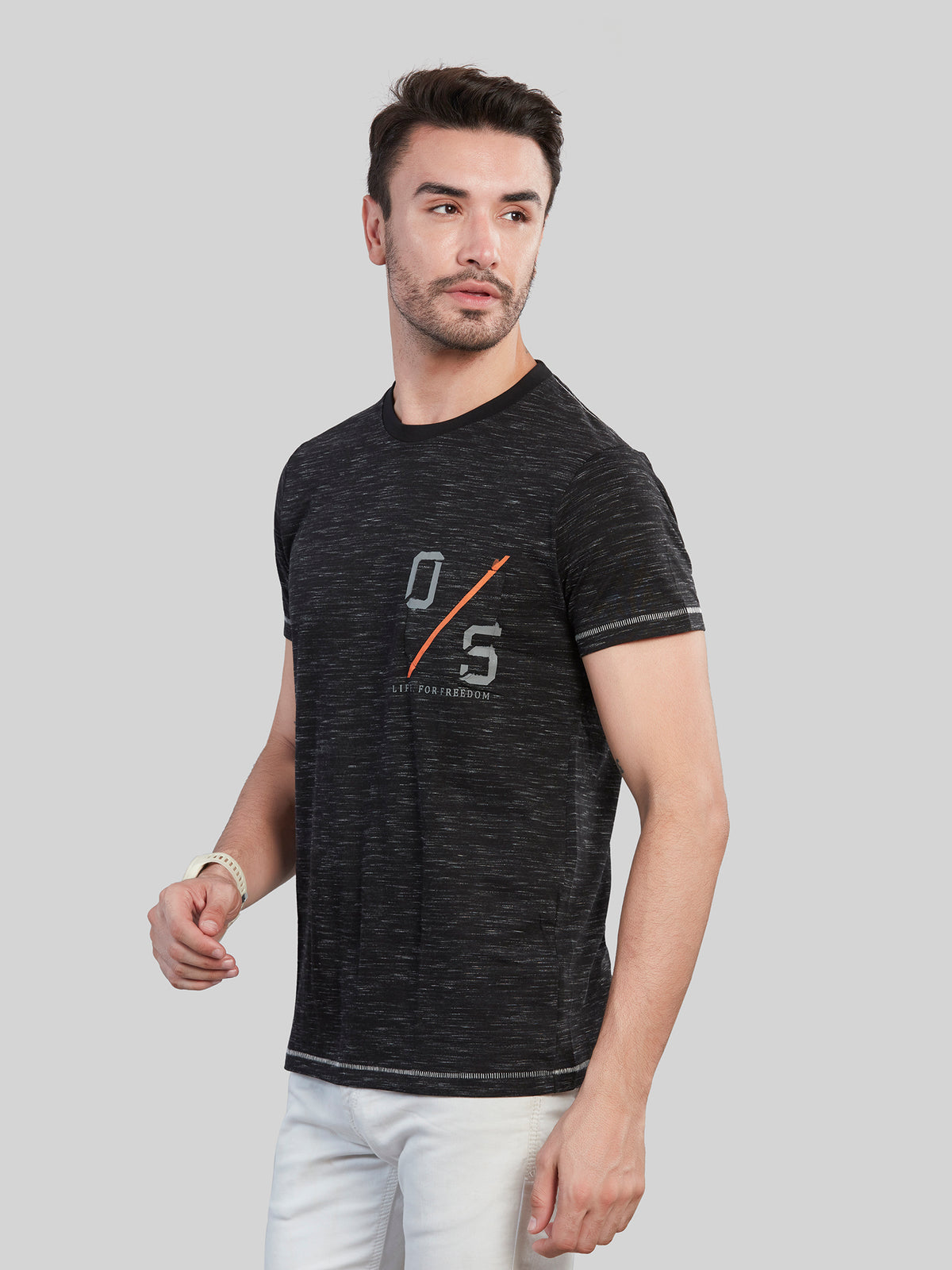 Black Printed Round Neck T-Shirt