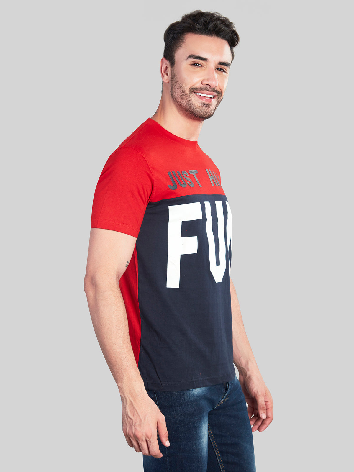 Red with Blue Printed Round Neck T-Shirt