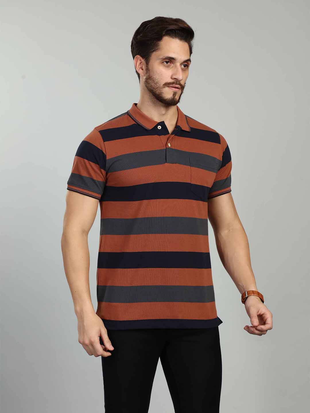 Rust Striped Polo Neck T-Shirt