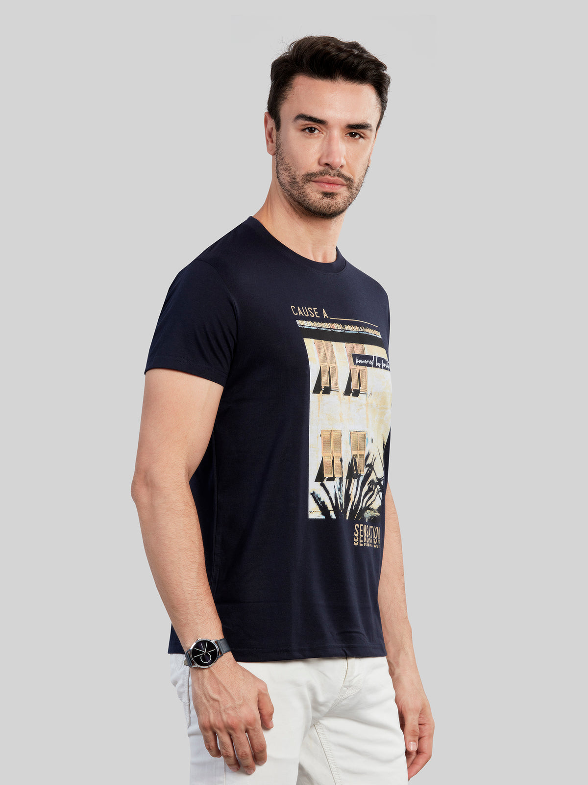 Navy Printed Round Neck T-Shirt