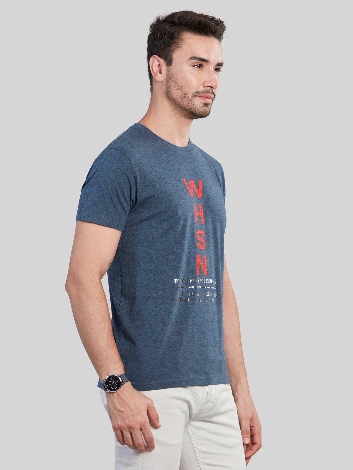 Blue Printed Round Neck T-Shirt