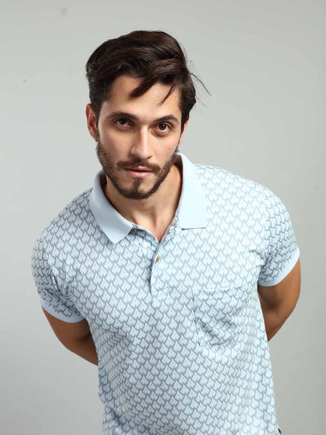 Sky Blue Printed Polo Neck T-Shirt