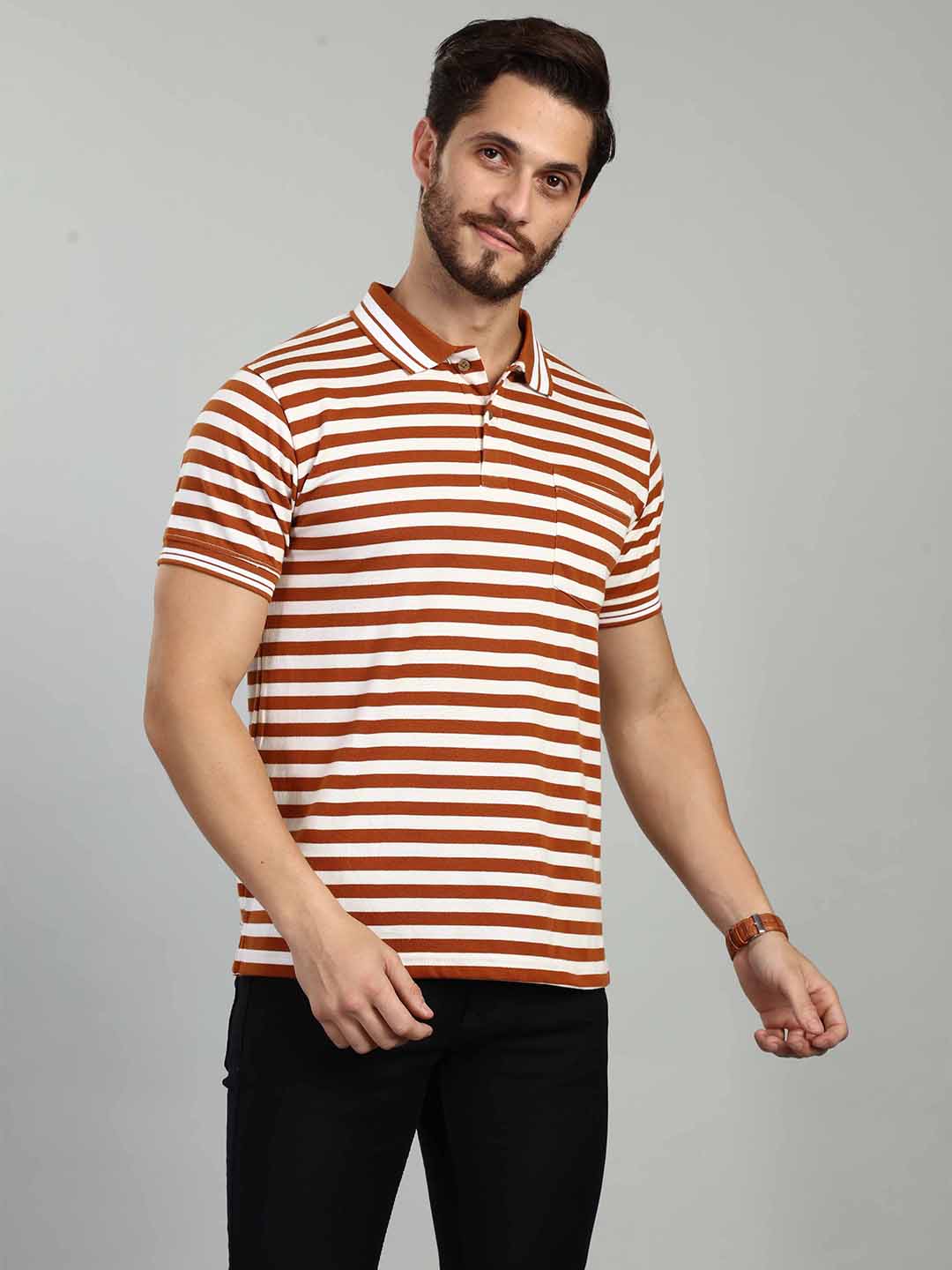 Rust Striped Polo Neck T-Shirt