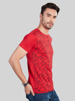 Red with Black Printed Round Neck T-Shirt