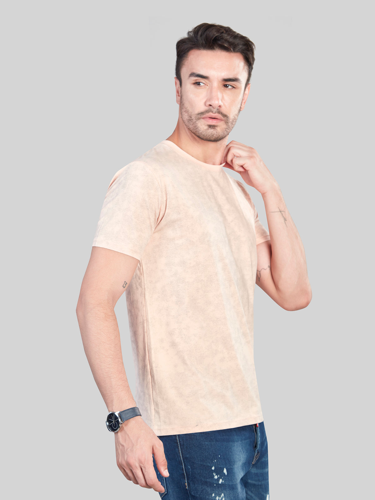 Peach All Over Printed Round Neck T-Shirt