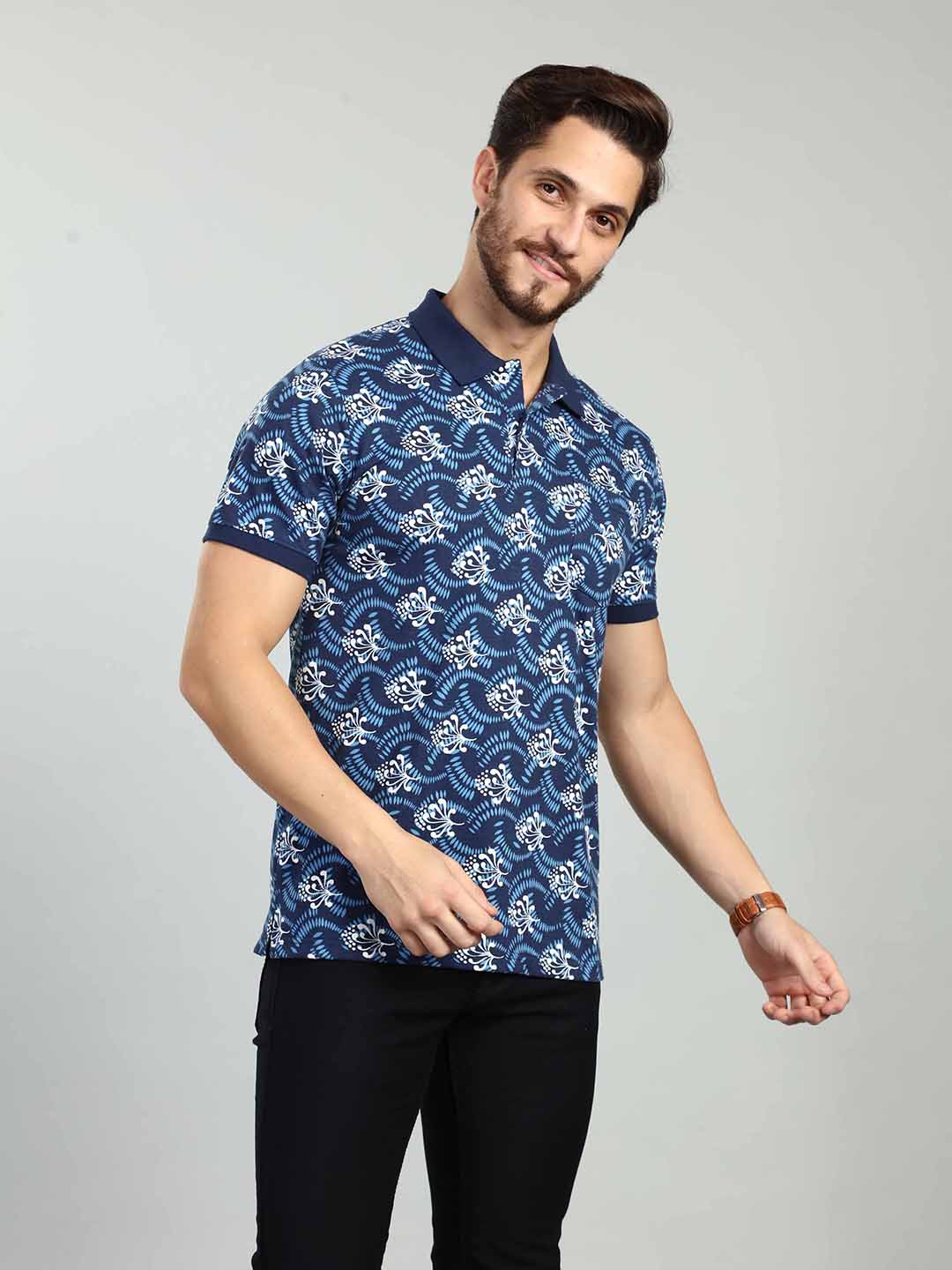 Navy Printed Polo Neck T-Shirt